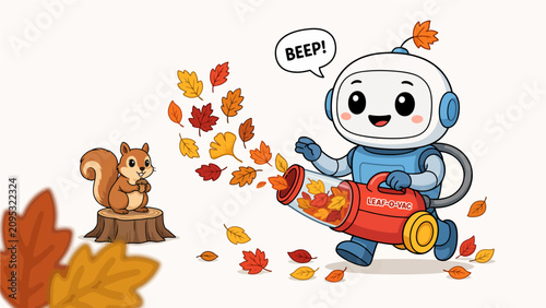 Εκτύπωση καμβά Robot leaf blower cartoon character autumn leaves fall seasonal colorful illustr