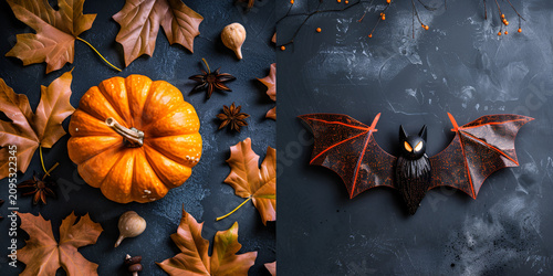 Halloween Pumpkin and Bat Flat Lay | Autumn Leaves With Spooky Decoration | Dark Seasonal Background for Halloween