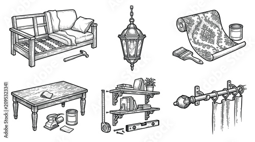 Home renovation and furniture restoration vector illustration set in vintage engraving style