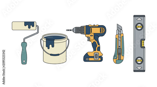 Home renovation and construction tools vector illustration set featuring paint roller, bucket, power drill, utility knife, and spirit level