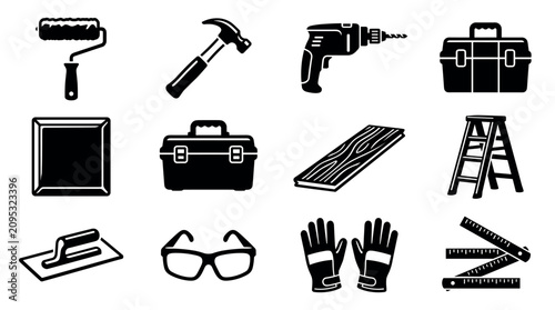 Home renovation and construction tools vector icon set in black silhouette style