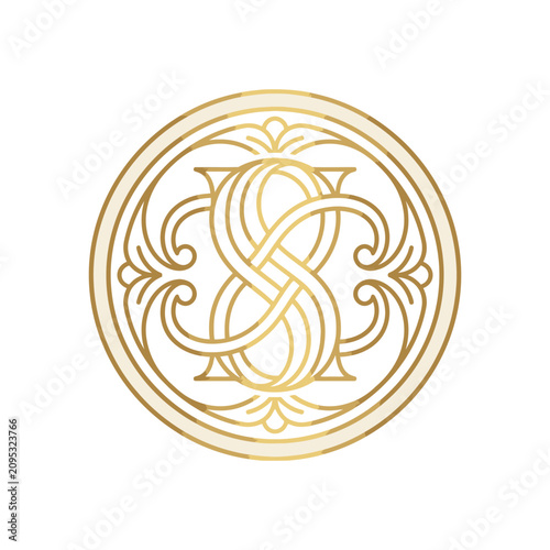 Intricate gold circular filigree monogram emblem design.
