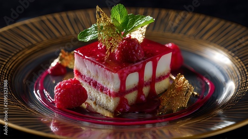 Luxury Battenberg cake plated with raspberry coulis and gold leaf garnish