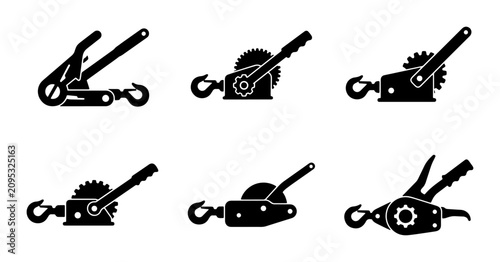 Foto Ratchet Tie Down Winch Icons, Heavy Duty Lifting Equipment Vector Set, Industria