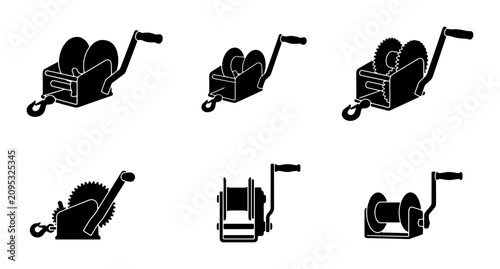 Bild auf Leinwand Manual Winch Icons Set, Boat Trailer Winches, Hand Crank Hoist Equipment Vector