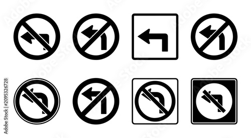 Photos No Left Turn Signs Collection, Traffic Regulation Icons, Road Safety Symbols, Ve