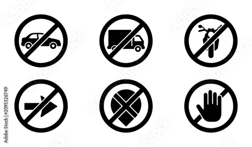Bild auf Leinwand Set of 6 Prohibition Icons: No Cars, Trucks, Motorcycles, Right Turn, Location,