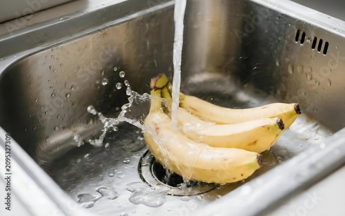 Fresh bananas being washed under running water in a kitchen sink.