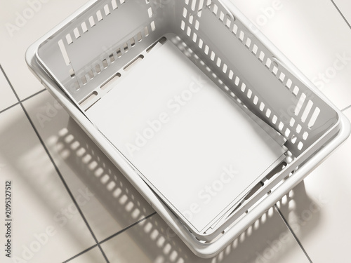 Empty white poster on plastic shopping basket overhead view mockup