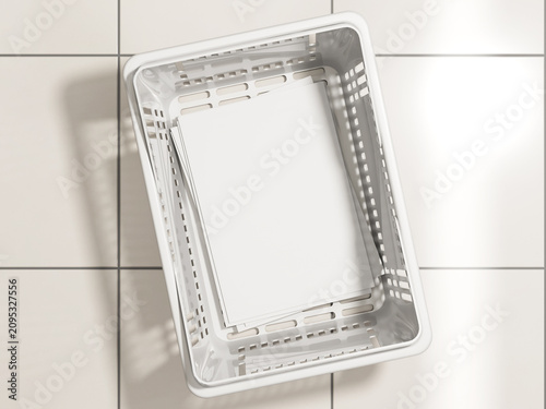 Empty white paper on plastic shopping basket mockup overhead view on tile floor