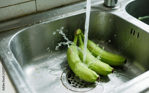 Fresh green bananas being washed under a kitchen faucet tap.