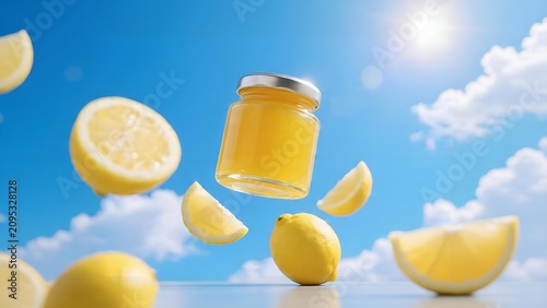 Fresh Lemon Jam Jar Flying with Lemon Slices Against Sunny Blue Sky.