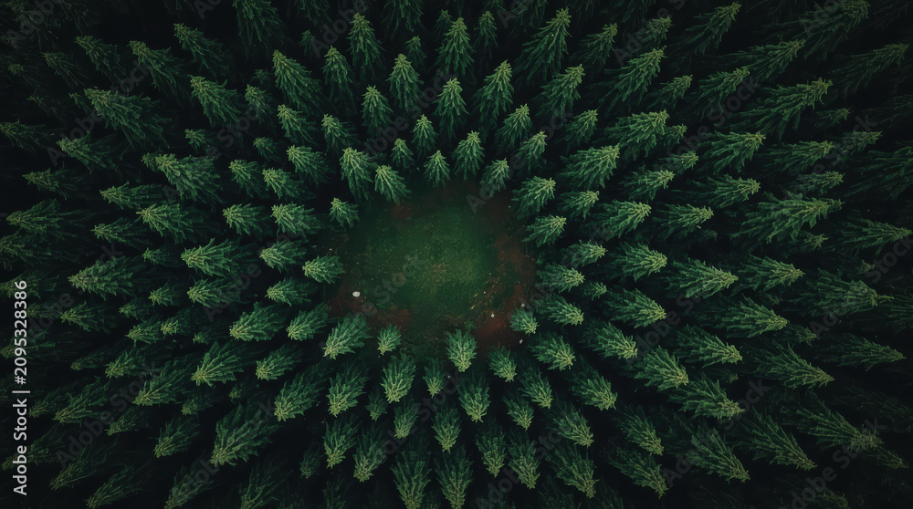 Fototapeta premium Aerial evergreen forest clearing with radial trees creating serene pattern