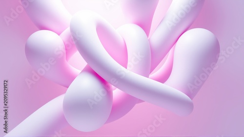 Abstract pink shapes intertwine, creating soft curves. Smooth surfaces reflect light, forming gentle gradients. Minimalist composition, modern aesthetic.