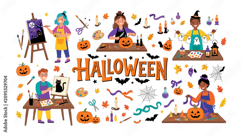 Fototapeta premium Halloween Fun and Crafts: A vibrant collection of children engaged in festive Halloween activities, including pumpkin carving, painting, and crafting.