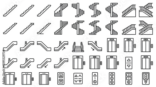  Staircase Escalator Elevator Icon Collection Architecture Line Art