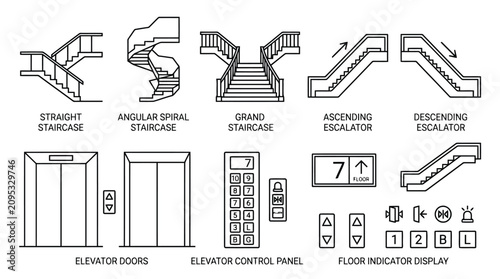  Staircase Escalator Elevator Icon Collection Architecture Line Art