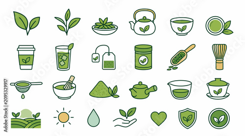 Green tea and matcha themed flat icons collection.