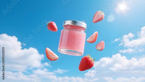Strawberry Yogurt Jar Floating with Fresh Fruit Pieces in Blue Sky.