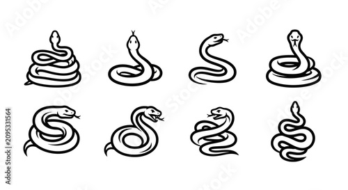 Quadro su tela Minimalist Black and White Coiled Snake Outline Vector Icons