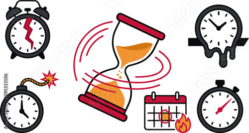 Foto Time Management and Deadline Urgency Icon Set with Hourglass Melting Clock Broke