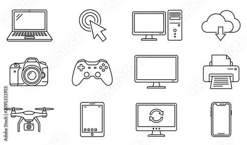 Tableau sur toile Technology icons set digital devices and connectivity in linear style