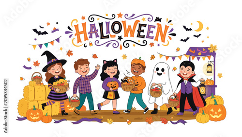 Foto Halloween Festival: A joyful group of children dressed in various Halloween costumes, carrying candy baskets and trick-or-treating, celebrates the spooky holiday with pumpkins, bats