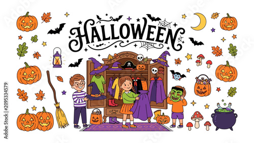 Obraz na płótnie Halloween Costume Preparation: Children excitedly choose and try on spooky and whimsical costumes from a well-stocked wardrobe, surrounded by iconic Halloween imagery like pumpkins, bats