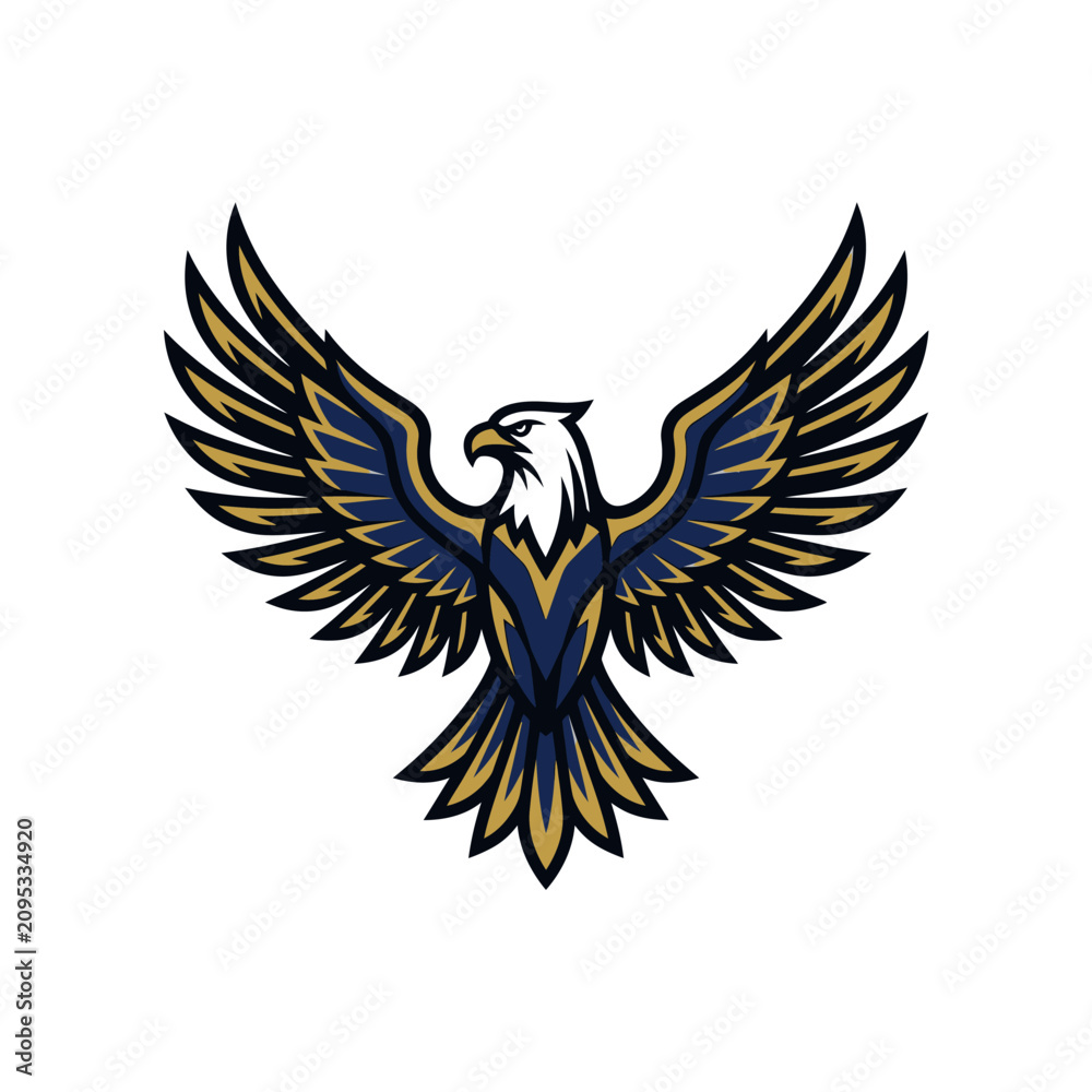 Fototapeta premium Majestic eagle with spread wings in navy and gold.