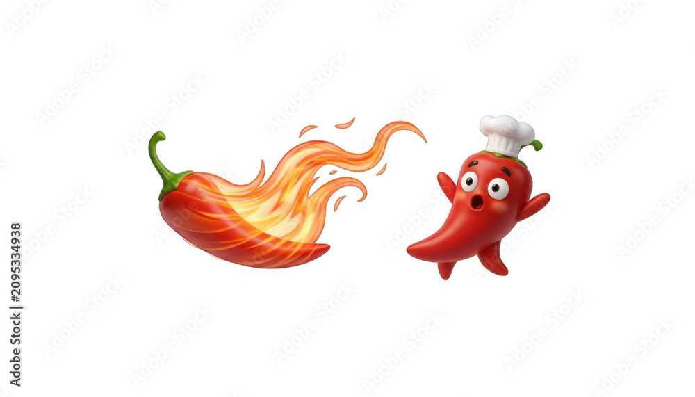 Naklejka premium Cute Cartoon Chili Pepper with Chef Hat and Flames
