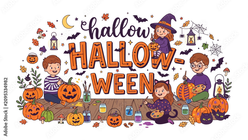 Fototapeta premium Halloween children carving pumpkins, a festive celebration with kids in costumes crafting jack-o'-lanterns and decorating for the spooky holiday.