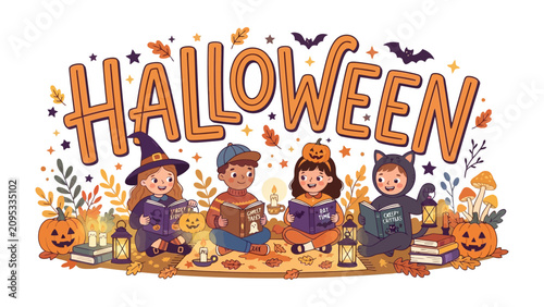 Foto Children Reading Halloween Stories: A delightful illustration depicts four children, dressed in costumes and surrounded by autumn leaves and pumpkins, engrossed in reading books