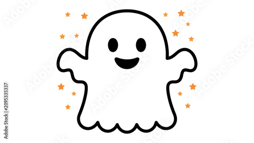 Obraz na płótnie Spooky Little Ghost: A cute, cartoonish ghost with a friendly smile and outstretched arms is surrounded by twinkling orange stars