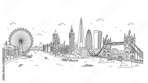 Konstfotografi London city skyline linear panorama vector illustration with eye big ben and tow