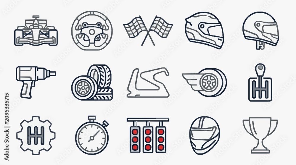 Obraz premium Sleek Black and White Line Set of 15 Racing and Car Maintenance Icons for Motorsport Designs with high quality professional line art symbols for modern creative design and digital branding projects