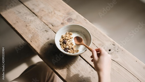 A top view of a person eating a bowl of muesli with a wooden spoon on a rustic wooden table.