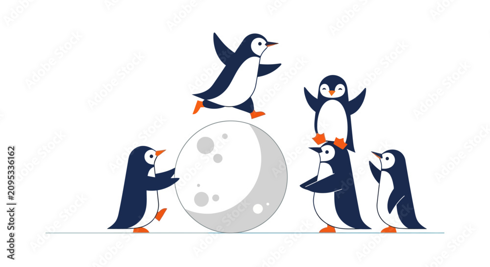 Obraz premium Group of penguins playing with moon.