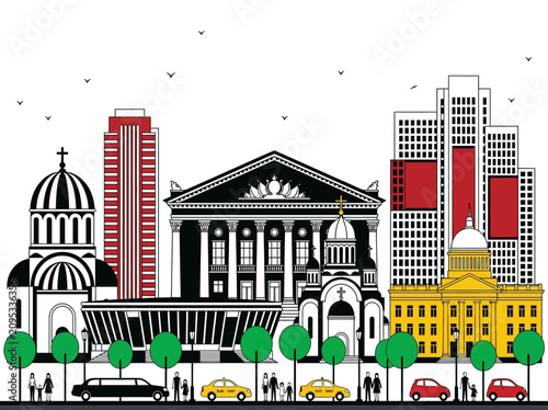 Bild auf Leinwand Urban city skyline illustration featuring historical landmarks, modern skyscrapers, and active street life in a minimalist flat design style