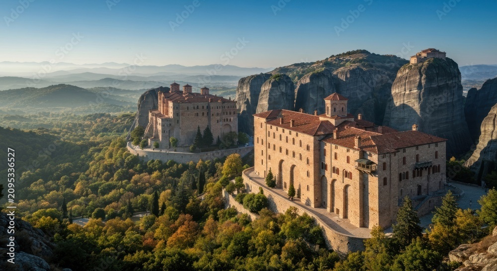 Obraz premium Two ancient monasteries perched atop dramatic rock formations, overlooking a verdant valley