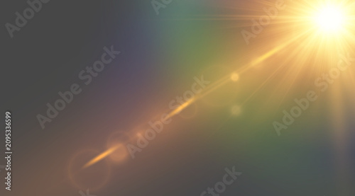 Fotografía Vibrant warm sunlight beam with colorful rainbow reflection on dark backdrop for