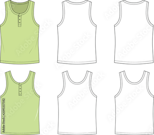 Technical casual henley tank top template featuring button placket and scoop neckline multi-view for apparel manufacturing vector flat sketch