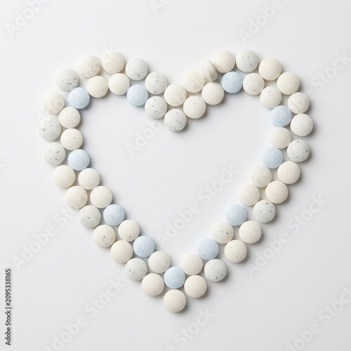 Heart Shape Arranged from Medical Pills and Vitamin Supplements on White Background for Cardiology Wellness Concepts with Copy Space
