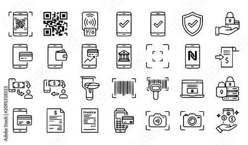 QR Code Payment and Smartphone Scan Black Outline Vector Icon Set