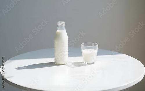 A glass bottle and a glass of fresh milk on a white table.
