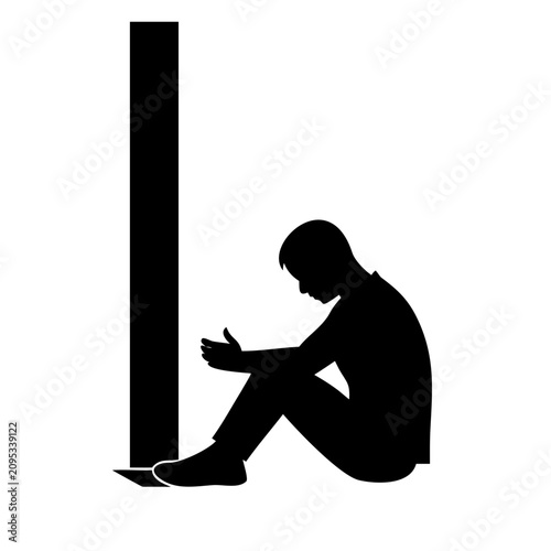 Sad Man Sitting Against Wall Silhouette Vector - Depression and Loneliness Icon Clipart