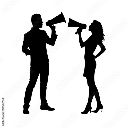 People with Megaphones Silhouette Vector - Man and Woman Shouting Announcement Clipart