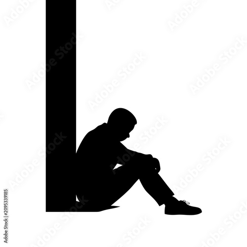 Sad Man Sitting Against Wall Silhouette Vector - Depression and Loneliness Icon Clipart