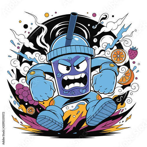 Obraz na plátne Angry Cartoon Cup Character With Fists Raised.