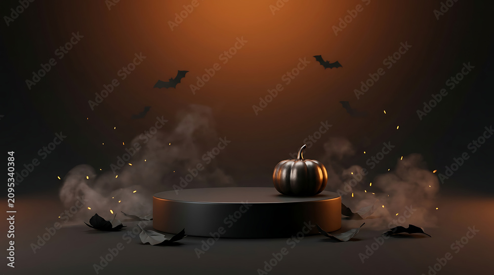 Fototapeta premium A dark Halloween scene with a metallic pumpkin on a pedestal surrounded by bats smoke and autumn leaves on a spooky orange background