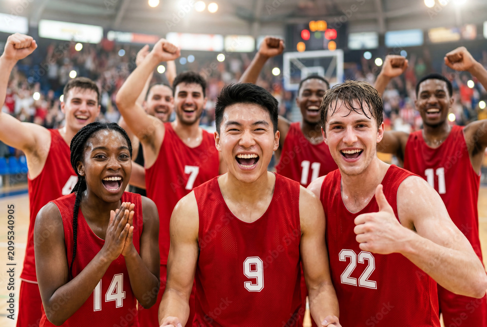 Fototapeta premium Excited basketball team cheering in red team jerseys